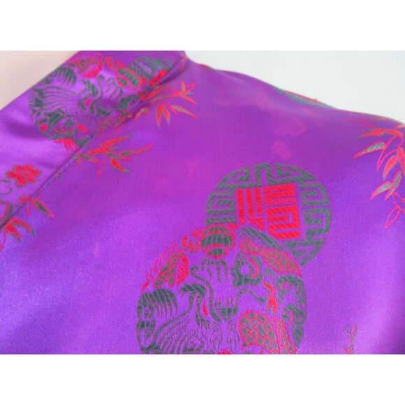Asian Inspired Tie Front Kimono Robe Purple Red Green Brocade Damask Damage L XL - Picture 7 of 16